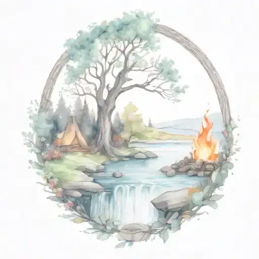A Rowan Berry Tree And A Campfire Beside A River Waterfalling Down The Front