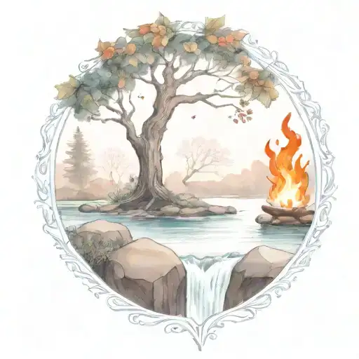 A Rowan Berry Tree And A Campfire Beside A River Waterfalling Down The Front