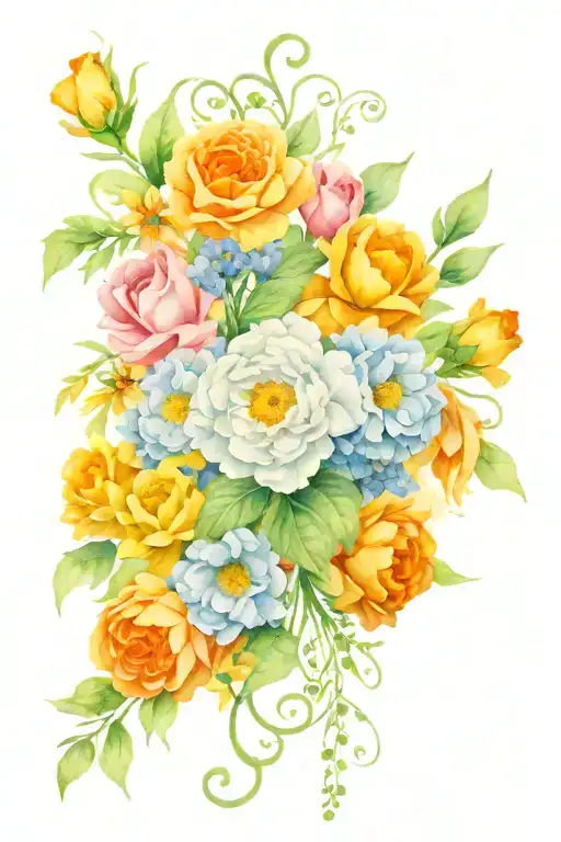 Floral Piece With Roses Marigolds Daisies And Carnations Intertwined With Vines And Leaves
