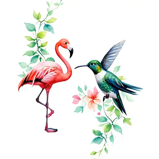 Hummingbird And Flamingo Surrounded By Vines