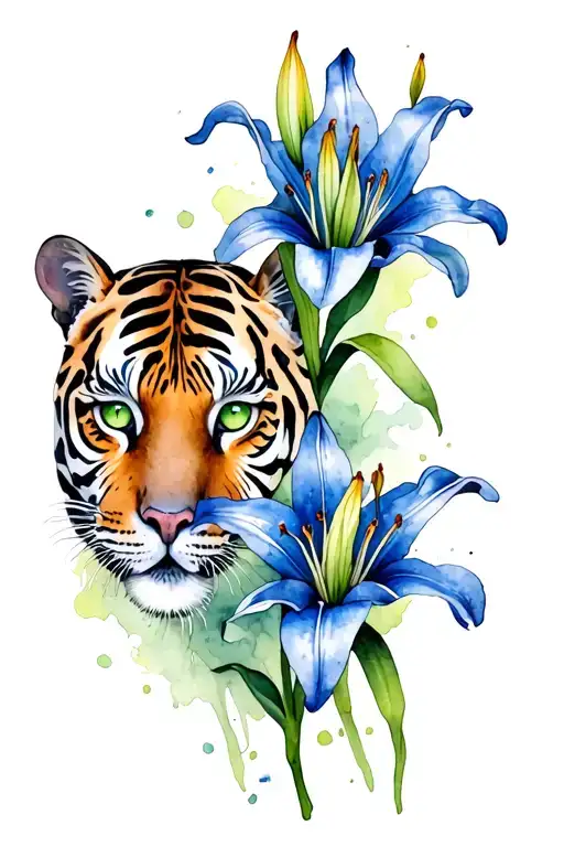 Green Tiger Eyes Hiding Behind Blue Tiger Lilies Growing