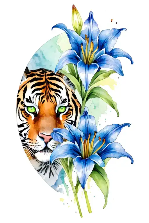 Green Tiger Eyes Hiding Behind Blue Tiger Lilies Growing