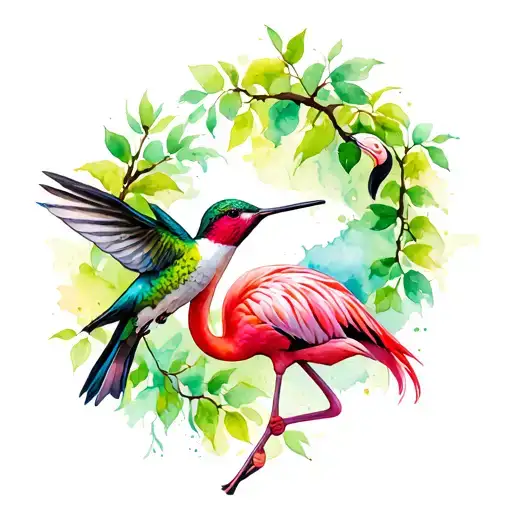 Hummingbird And Flamingo Surrounded By Vines