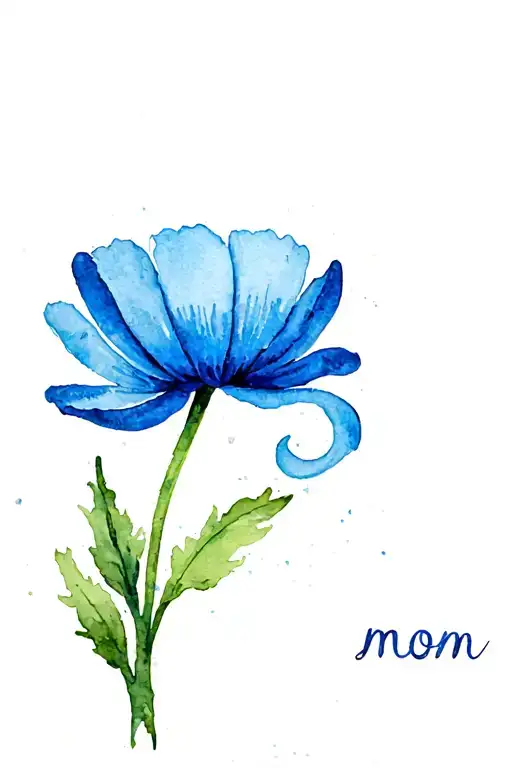 Blue Buttercup Flower With Stem Curving Around Spelling Mom