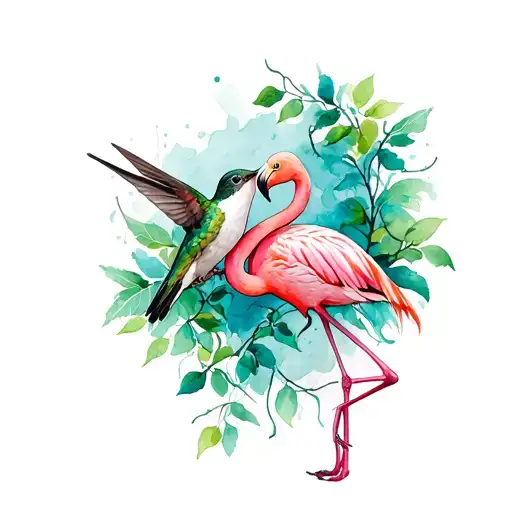 Hummingbird And Flamingo Surrounded By Vines