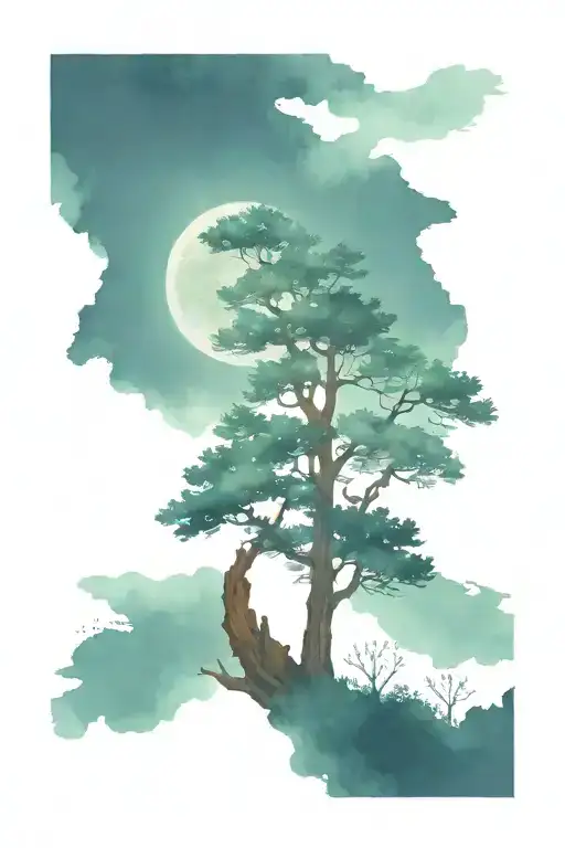 Redwood Tree With Flowers And Moon