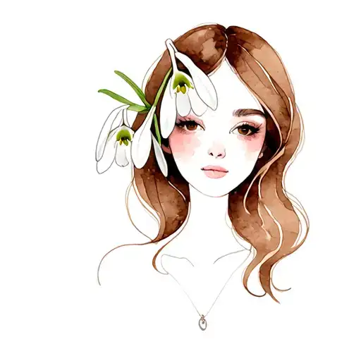 Woman With Long Brown Hair And Open Snowdrop Flower On The Head With Background