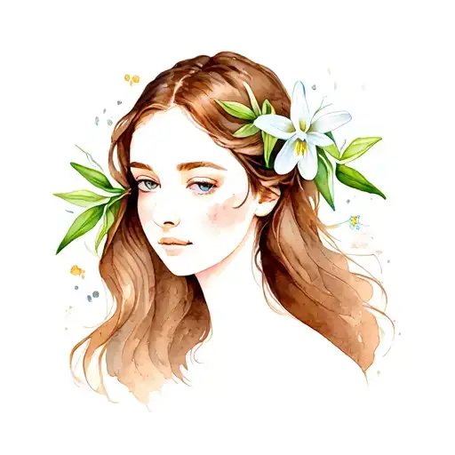 Woman With Long Brown Hair And Open Snowdrop Flower On The Head With Background