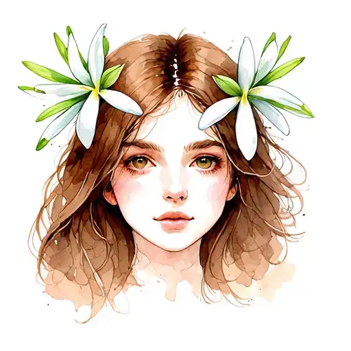 Woman With Long Brown Hair And Open Snowdrop Flower On The Head With Background