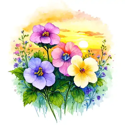 Primroses Surrounding A Sunrise And Sunset