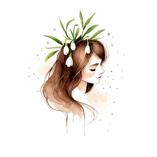 Woman With Long Brown Hair And Open Snowdrop Flower On The Head With Background