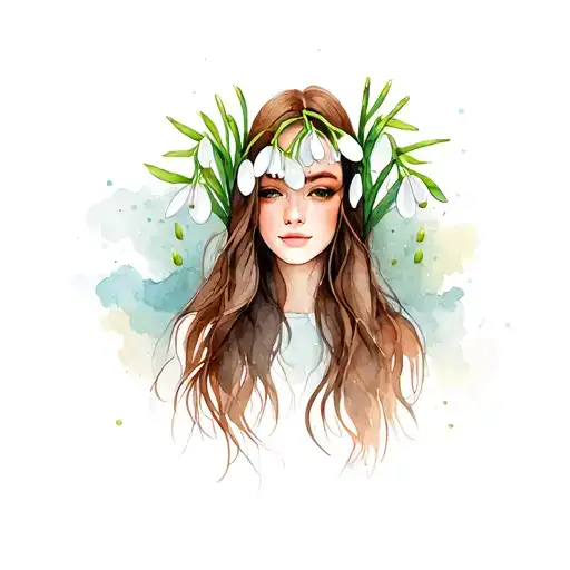 Woman With Long Brown Hair And Open Snowdrop Flower On The Head With Background