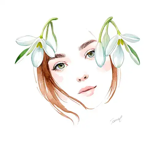 Woman With Long Brown Hair And Open Snowdrop Flower On The Head With Background
