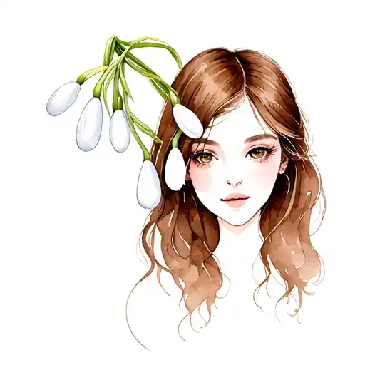 Woman With Long Brown Hair And Open Snowdrop Flower On The Head With Background