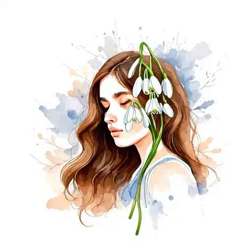 Woman With Long Brown Hair And Open Snowdrop Flower On The Head With Background