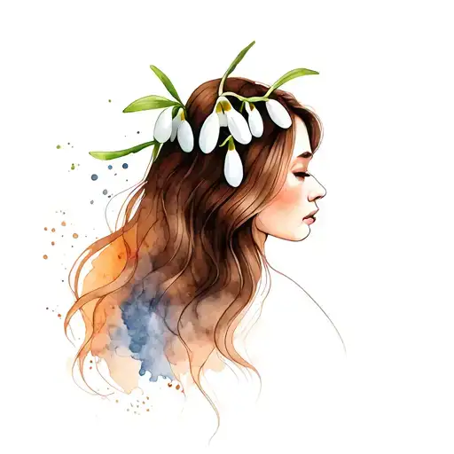 Woman With Long Brown Hair And Open Snowdrop Flower On The Head With Background