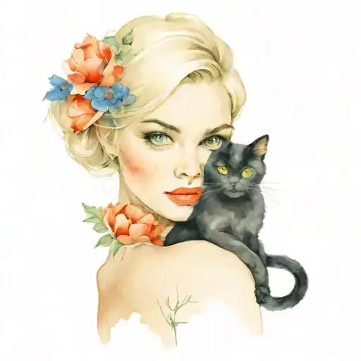 Black Cat Brings Poppy Flower To Blonde Woman Posing