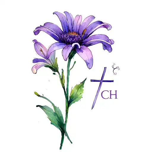 A Purple Aster Flower With A Lily Flower Branching Out And The Initials Clh And A Cross Worked In It