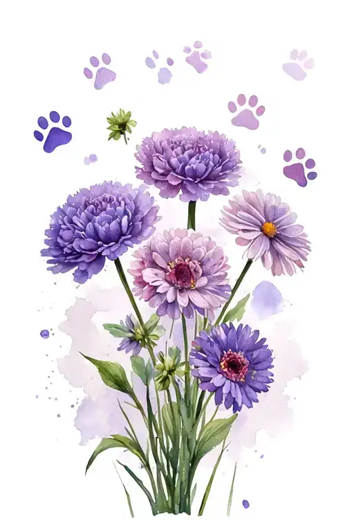 Carnation Violet Aster Chrysanthemum Bouquet Paw Prints Hidden In Petals
