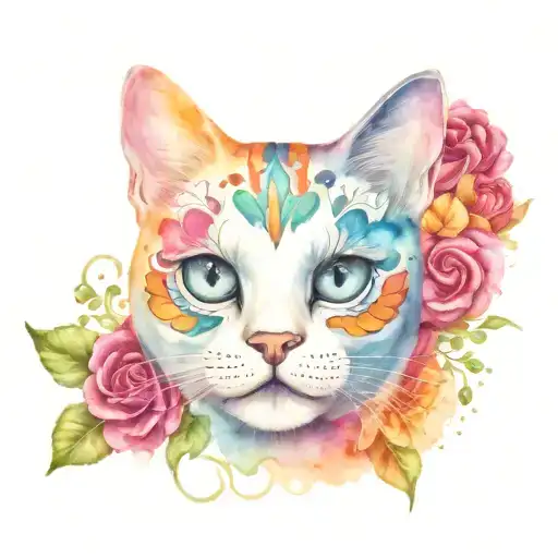 Cat Face On Multicolour Sugar Skull Adorned Skull Surrounded