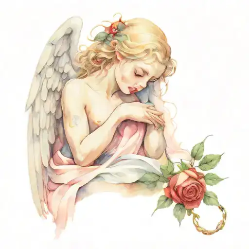 A Crying Angel Holding A Rose Entwined In A Chain