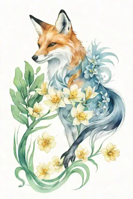Fox Face And Flower And Narcissus Flower And Rooster