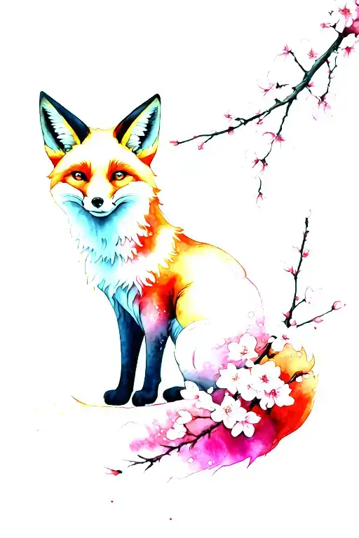 Kitsune Fox Full Body Cherry Blossoms