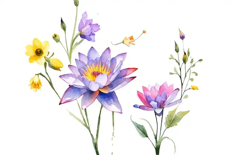 Violet's Primrose's Daffodils Water Lily's And Cosmos's With Black Chickadee's