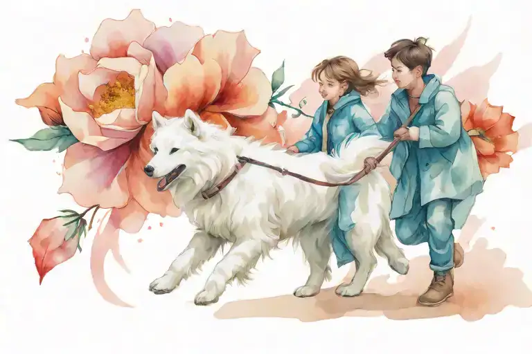 White Samoyedo Chasing A Flower While Being Held On A Leash By Two Human Male Kids