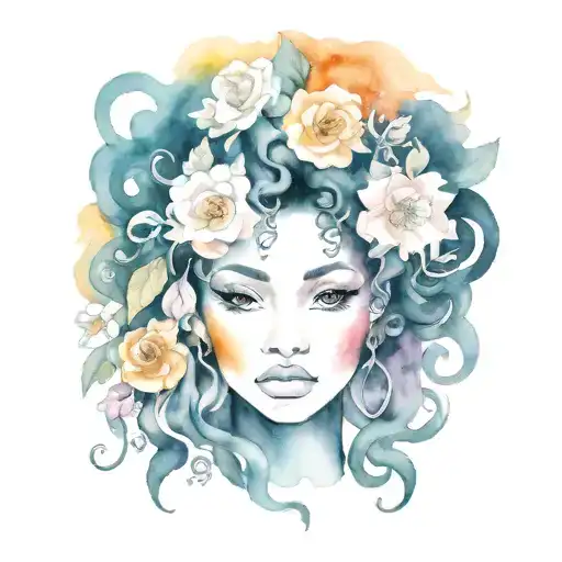 Dark Mystical Medusa African Woman Face Big Hair Flowers