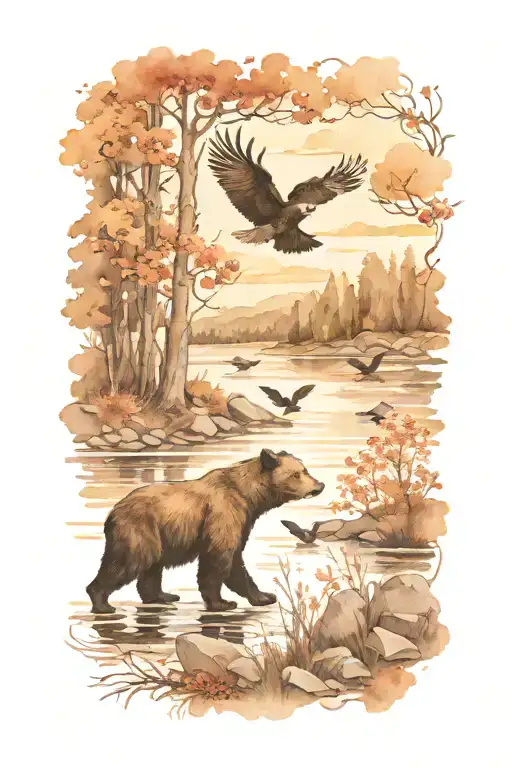 A Flock Of Birds Soaring Over A Tranquil River With Black Bears Fishing Along The Banks