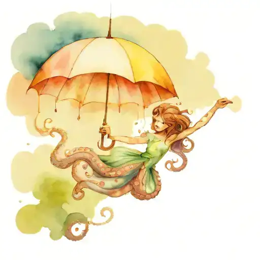 Octopus Holding Umbrella And Swinging Girl In Clouds With Arms