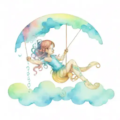 Octopus Sitting On Clouds And Girl Swinging From Octopus Tentacles