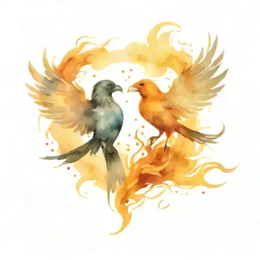 Crow And Phoenix Rising From Ashes