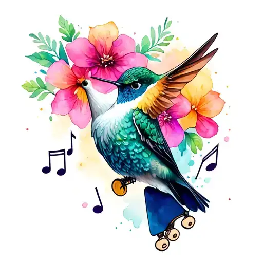 Hummingbird Flowers Roller Skate Owl Perched Music Notes