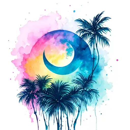 Jungle Against The Background Of Neon Sky And Moon