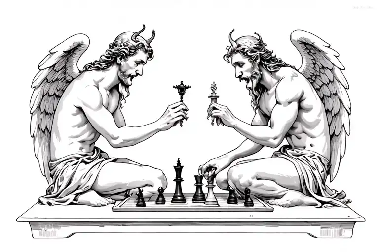 Angel And Demon Playing Chess Sitting Down