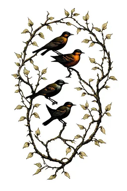 Three Birds Connected By Vines