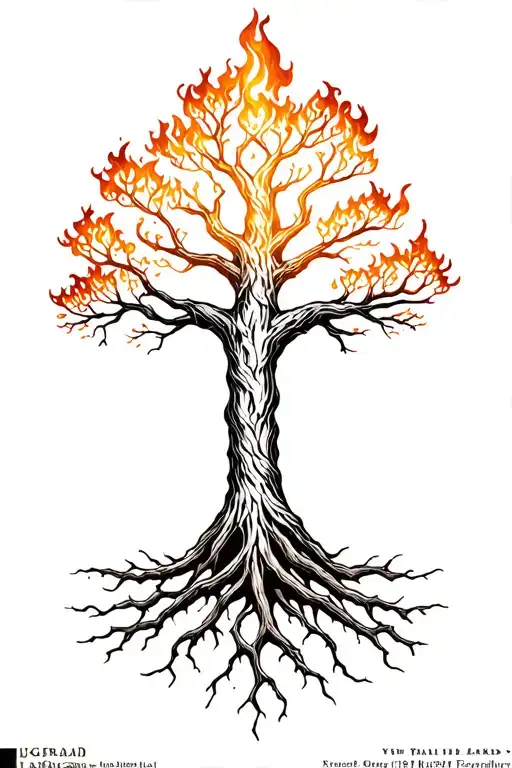 Yggdrasil Tree With Big Beautiful Branches And Interwoven Roots On Fire