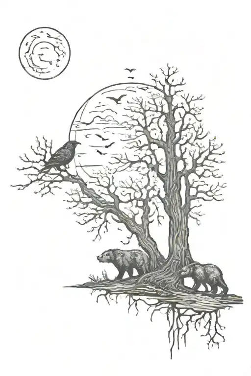 Dark Forest With Crows With Night Sky And Baby Bear Looking At Relection Of Older Self