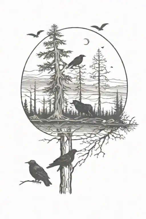 Dark Forest With Crows With Night Sky And Baby Bear Looking At Relection Of Older Self