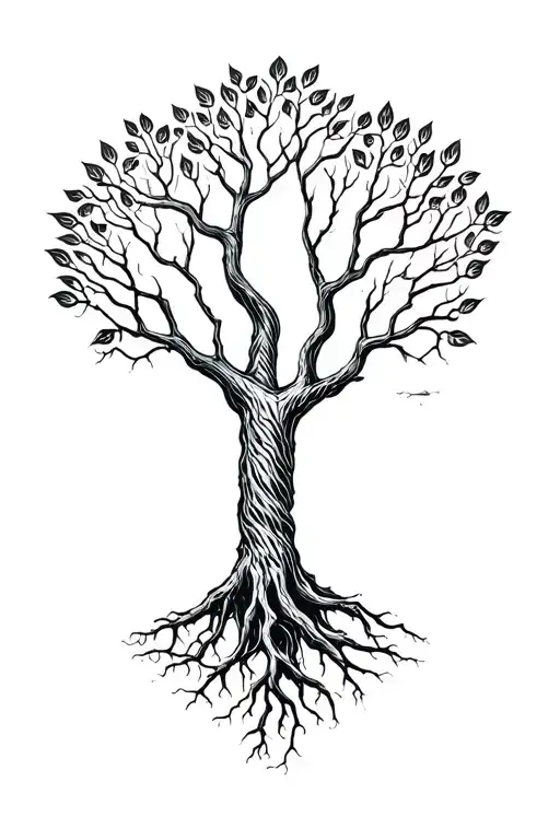 Yggdrasil Roots Intertwining Big Branches With Lots Of Leaves