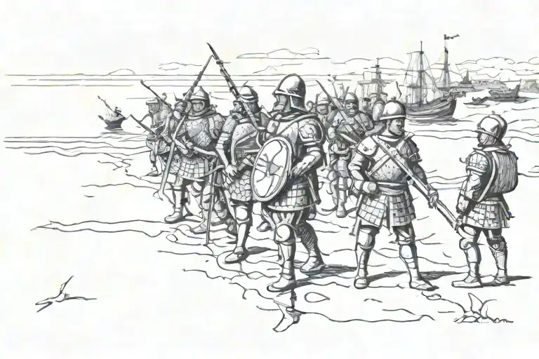 Norman Army On The Beach Of England With Their Ships In The Background