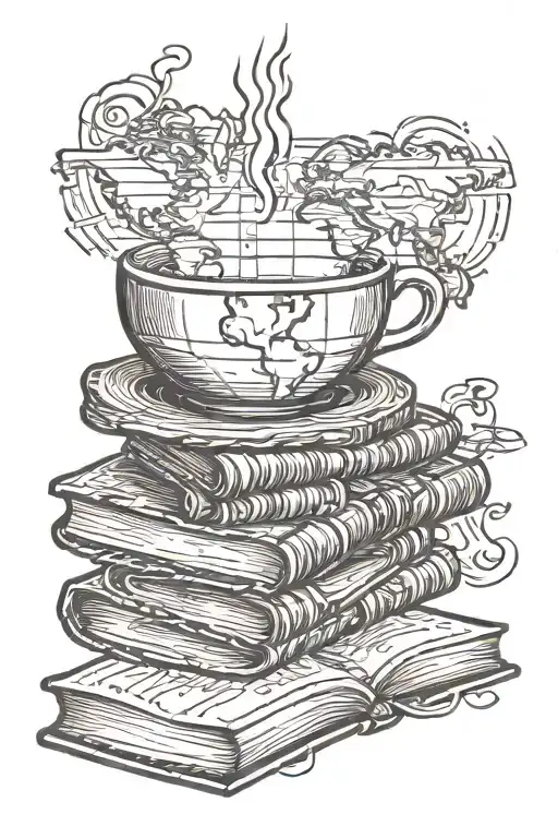 A Coffee Cup Morphing Into A Stack Of Books With A World Map In The Background