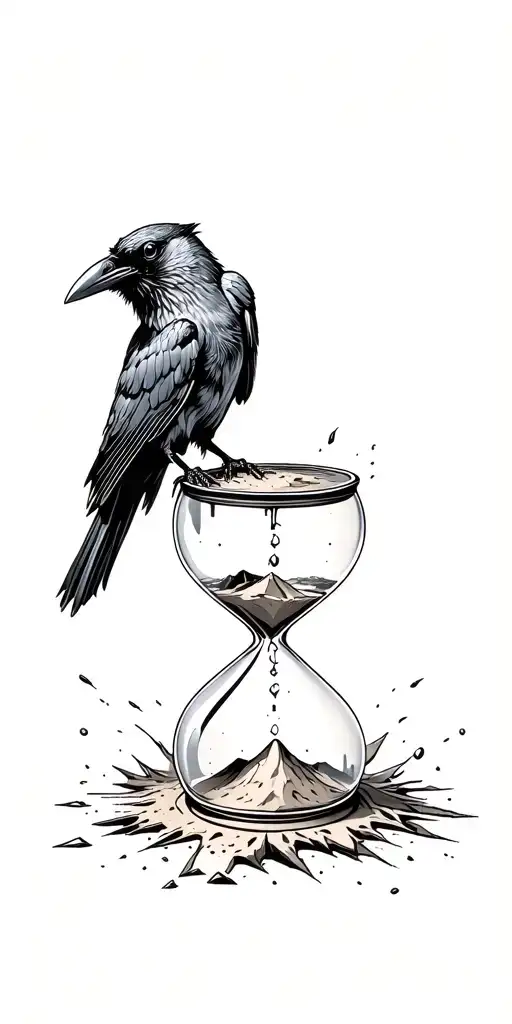 Raven Perched Atop An Hour Glass That Is Knocked Over Shattered Leaking Sand