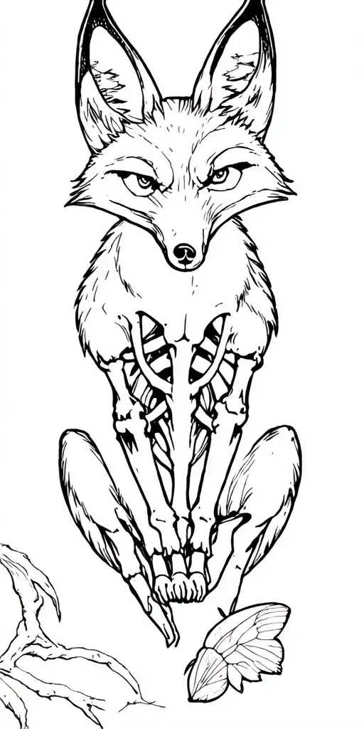 Fox Sitting Skelet Hand With Moth