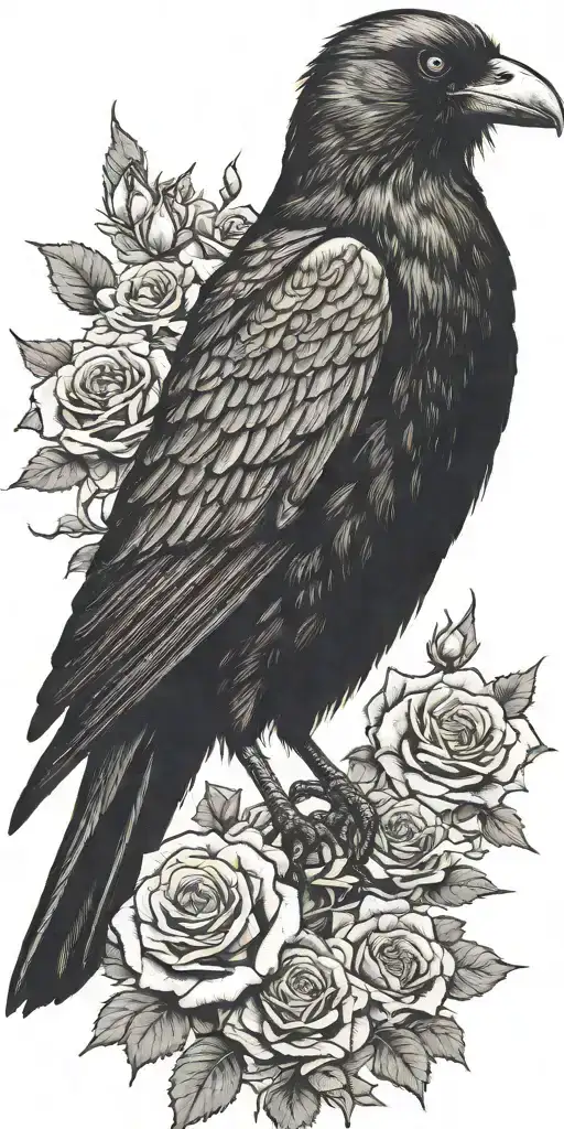 Crow Perched Atop Roses