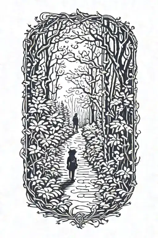 Girl Walking Into Dark Forest With Cat
