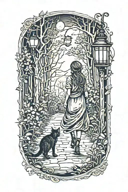Young Girl Walking Into Dark Forest With Cat And Lantern