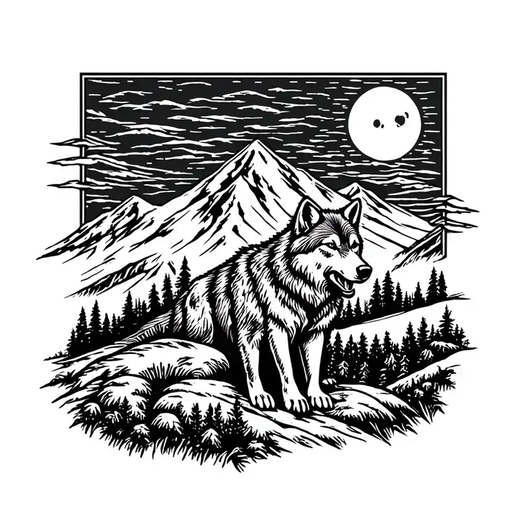 Mountain With Full Moon In The Background That Incorporates Blackfoot Native Totem Poles And A Wolf